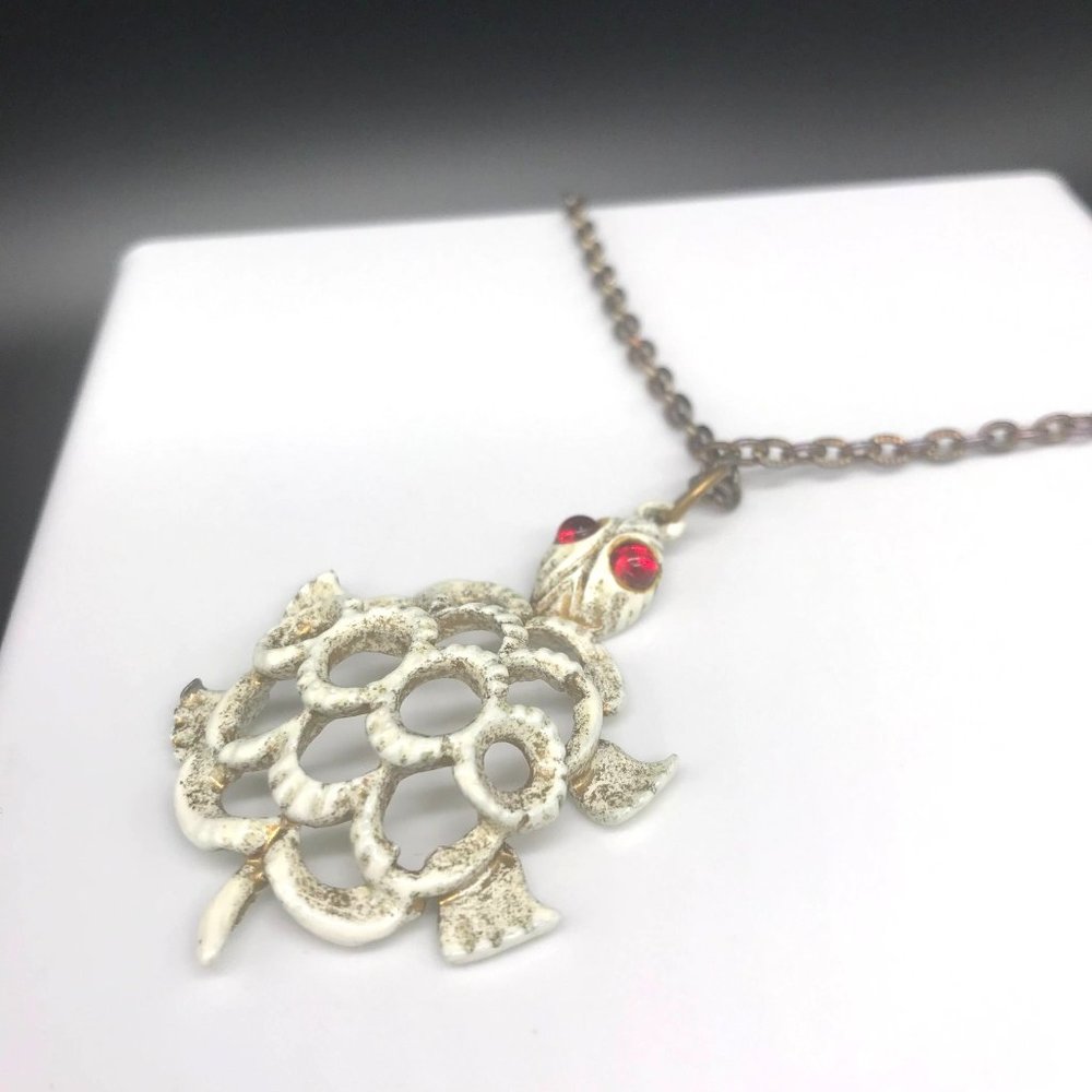 White Enamel Turtle Pendant Necklace, Retro Openwork with Red Poured Glass Eyes